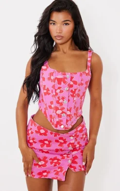 Outlet PrettyLittleThing Flower Printed Button Detail Boned Denim Corset Top Pink