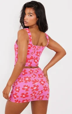 Outlet PrettyLittleThing Flower Printed Button Detail Boned Denim Corset Top Pink