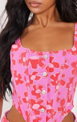 Outlet PrettyLittleThing Flower Printed Button Detail Boned Denim Corset Top Pink