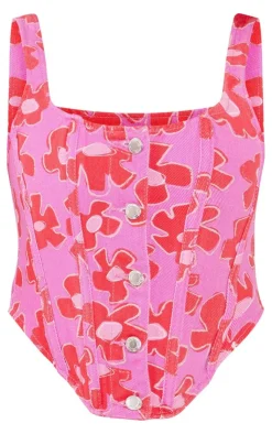 Outlet PrettyLittleThing Flower Printed Button Detail Boned Denim Corset Top Pink