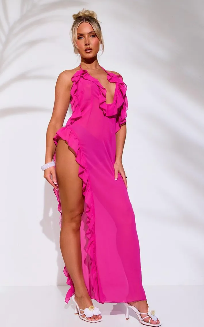 Pink Frill Chiffon Maxi Beach Dress