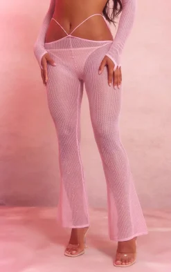Discount PrettyLittleThing Front Tie Sequin Knit Flare Pants Pink