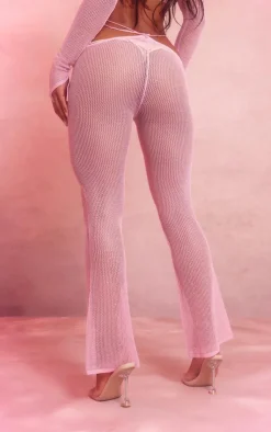 Discount PrettyLittleThing Front Tie Sequin Knit Flare Pants Pink