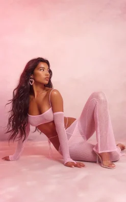 Discount PrettyLittleThing Front Tie Sequin Knit Flare Pants Pink