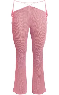 Discount PrettyLittleThing Front Tie Sequin Knit Flare Pants Pink