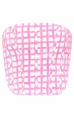 Clearance PrettyLittleThing Lace Up Denim Corset Top Pink Gingham
