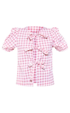 PrettyLittleThing Blouses*Gingham Tie Front Puff Sleeve Blouse