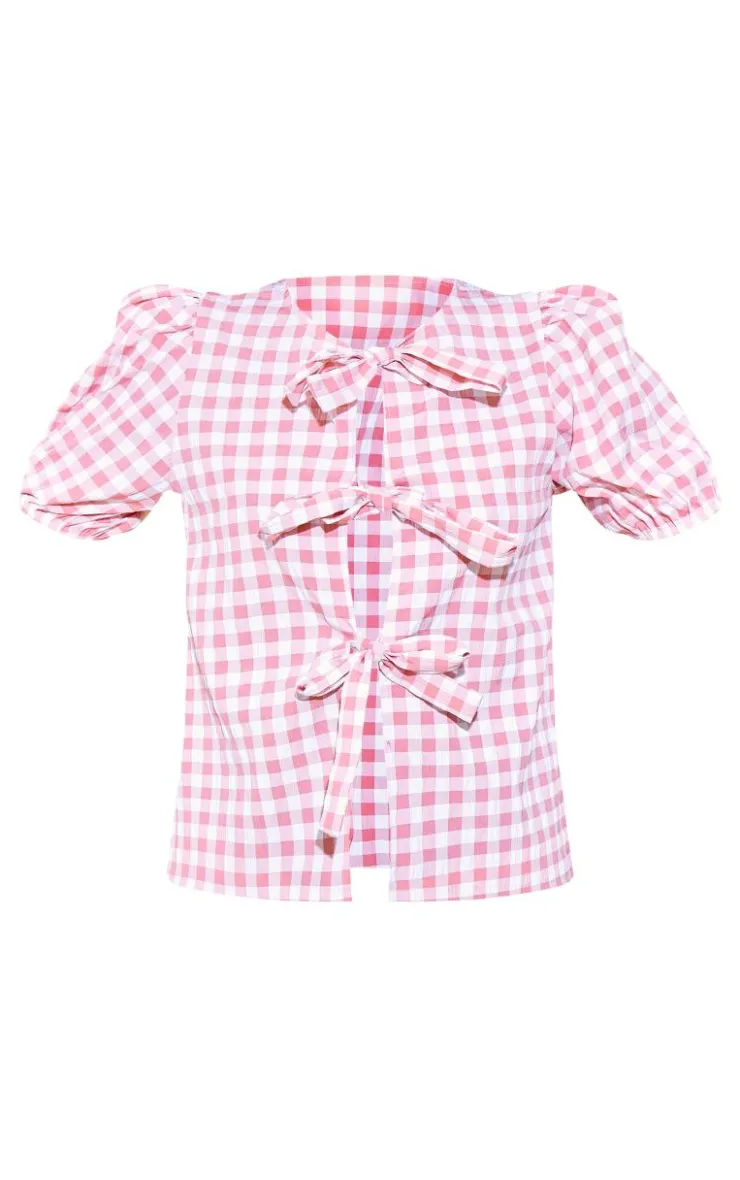 PrettyLittleThing Blouses*Gingham Tie Front Puff Sleeve Blouse