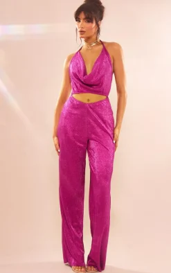 PrettyLittleThing Christmas Party Outfits*Glitter Plisse Halterneck Cowl Cut Out Wide Leg Jumpsuit