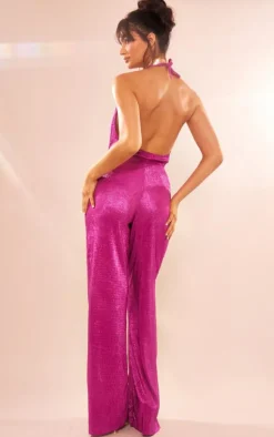 PrettyLittleThing Christmas Party Outfits*Glitter Plisse Halterneck Cowl Cut Out Wide Leg Jumpsuit