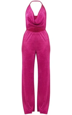 PrettyLittleThing Christmas Party Outfits*Glitter Plisse Halterneck Cowl Cut Out Wide Leg Jumpsuit