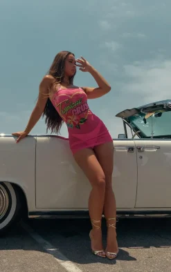 Pink Graphic Print Mesh Beach Cover Up Bandeau Dress