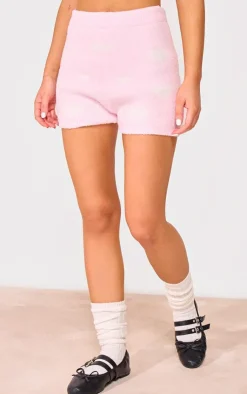 Discount PrettyLittleThing Heart Detail Fluffy Knit Shorts Pink