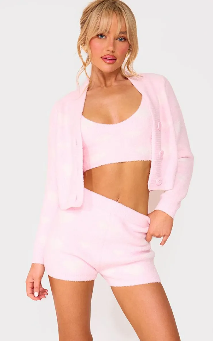 Discount PrettyLittleThing Heart Detail Fluffy Knit Shorts Pink