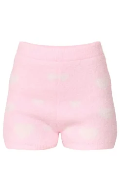 Discount PrettyLittleThing Heart Detail Fluffy Knit Shorts Pink