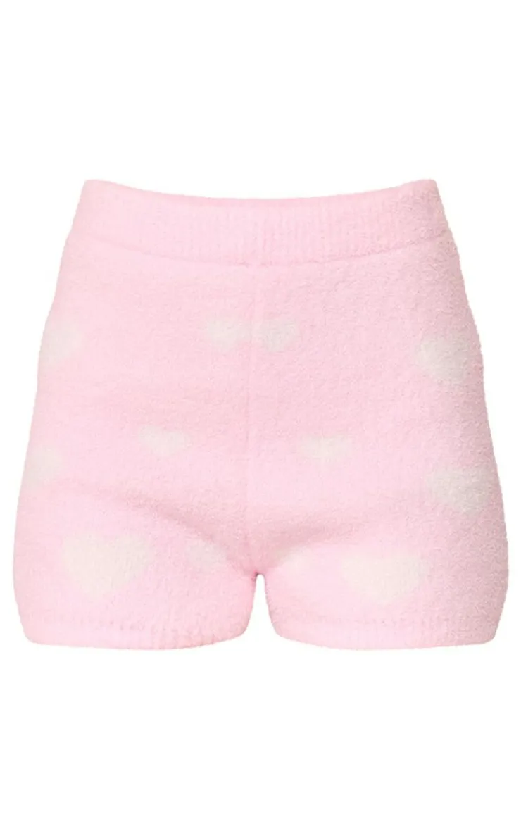 Discount PrettyLittleThing Heart Detail Fluffy Knit Shorts Pink
