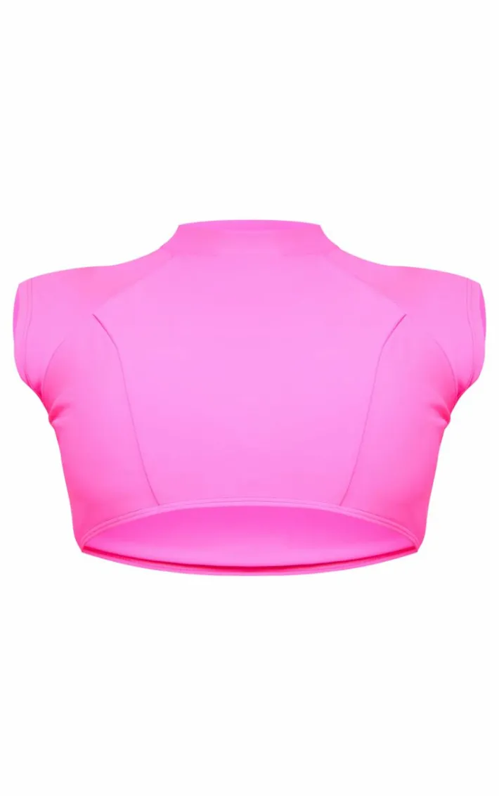Pink High Neck Short Sleeve Swim Top