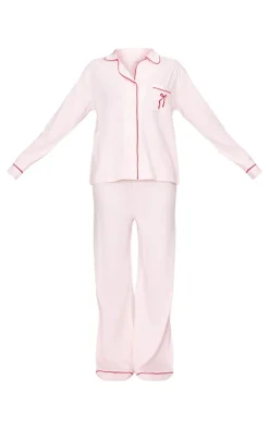 Pink Jersey Piping Embroidered Bow Long PJ Set