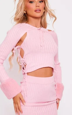 PrettyLittleThing Knitted Tops*Knit Lace Up Crop Top & Mini Skirt & Faux Fur Sleeves