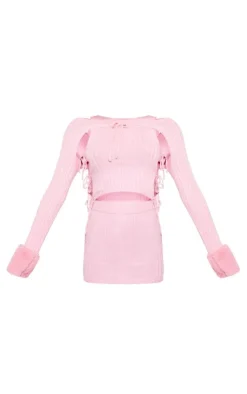 PrettyLittleThing Knitted Tops*Knit Lace Up Crop Top & Mini Skirt & Faux Fur Sleeves