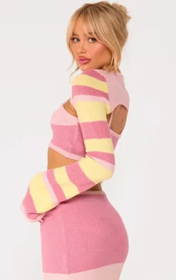 New PrettyLittleThing Knit Stripe Detail Shrug And Cami Pink