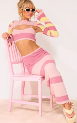 New PrettyLittleThing Knit Stripe Detail Shrug And Cami Pink