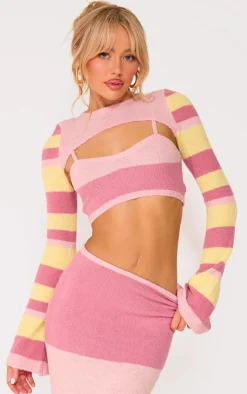 New PrettyLittleThing Knit Stripe Detail Shrug And Cami Pink