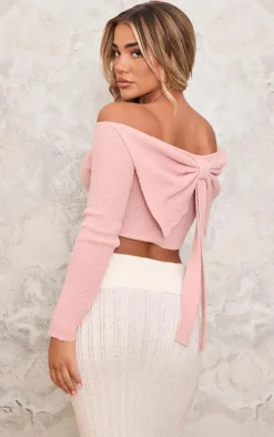 PrettyLittleThing Knitted Tops*Knitted Bow Back Bardot Top
