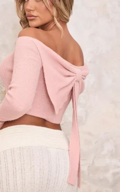PrettyLittleThing Knitted Tops*Knitted Bow Back Bardot Top