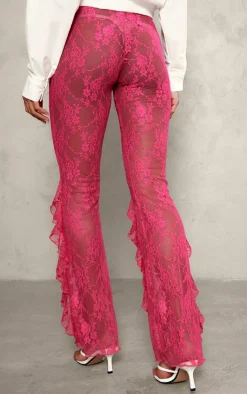 Pink Lace Ruffle Hem Flared Pants-PrettyLittleThing Hot