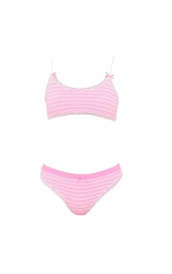 Pink Lace Trim Textured Stripe Bralette And Thong Lingerie Set