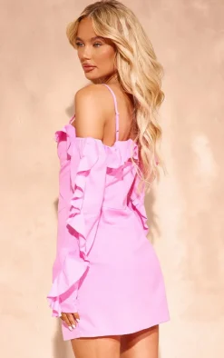 Linen Look Frill Bardot Bodycon Dress-PrettyLittleThing
