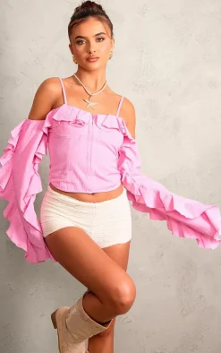 PrettyLittleThing Corsets*Linen Look Hook & Eye Frill Sleeve Corset Top