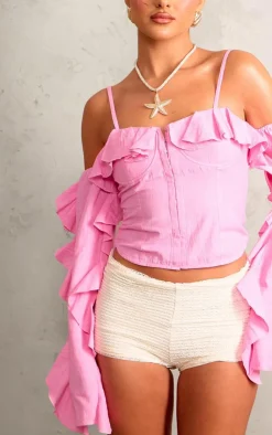 PrettyLittleThing Corsets*Linen Look Hook & Eye Frill Sleeve Corset Top