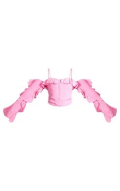 PrettyLittleThing Corsets*Linen Look Hook & Eye Frill Sleeve Corset Top