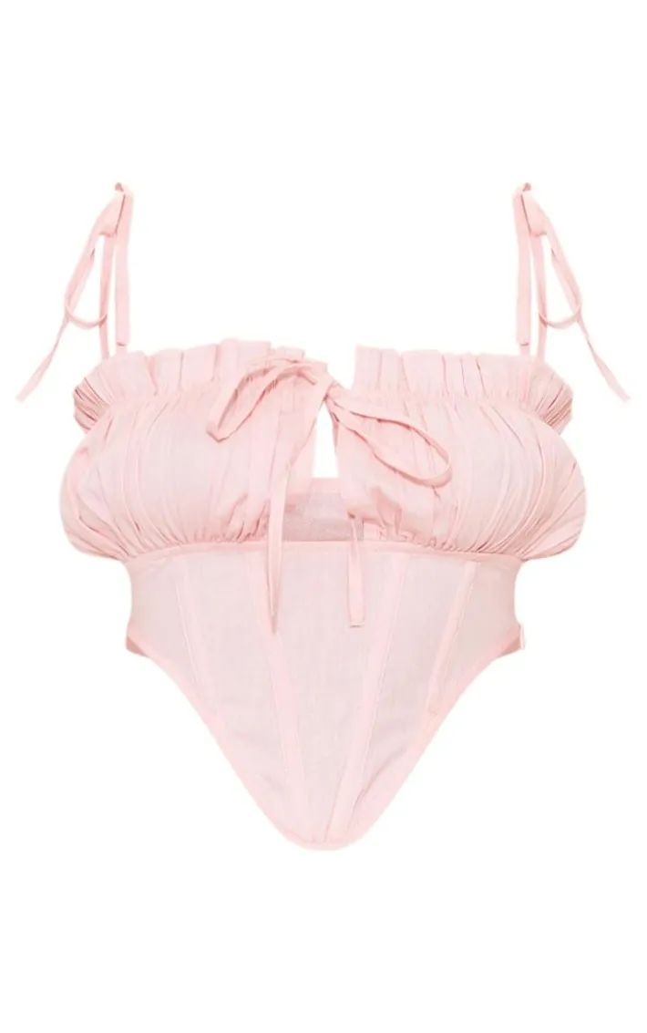 Pink Linen Look Pleated Bust Tie Shoulder Crop Top