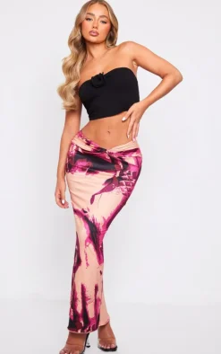 Pink Lips Print Soft Touch Knot Front Midaxi Skirt