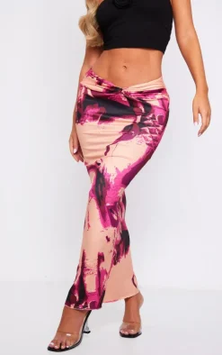 Pink Lips Print Soft Touch Knot Front Midaxi Skirt