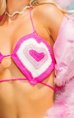 PrettyLittleThing Love Heart Crochet Bralet Pink