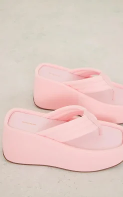 PrettyLittleThing Flat Sandals*Lycra Square Chunky Padded Thong Strap Sunken Platform Sandals