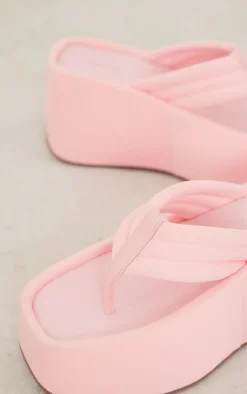 PrettyLittleThing Flat Sandals*Lycra Square Chunky Padded Thong Strap Sunken Platform Sandals