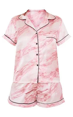 Pink Marble Print Satin Short Pj Set