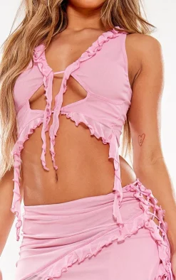 New PrettyLittleThing Mesh Ruffle Front Cut Out Crop Top Pink