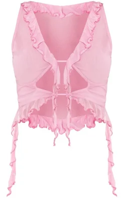 New PrettyLittleThing Mesh Ruffle Front Cut Out Crop Top Pink