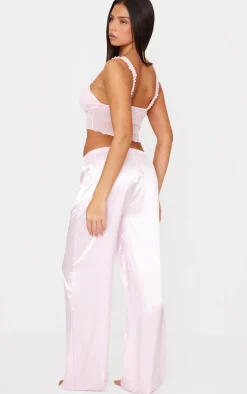 Pink Mesh Tie Front Cami Long Satin PJ Set