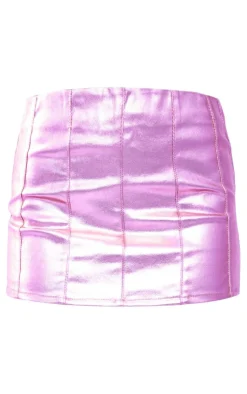 Clearance PrettyLittleThing Metallic Coated Denim Mini Skirt Pink