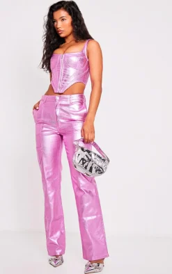 PrettyLittleThing Metallic Denim Stitch Detail Straight Leg Jeans Pink