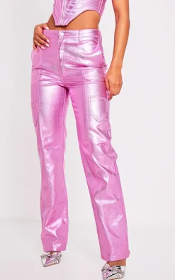 PrettyLittleThing Metallic Denim Stitch Detail Straight Leg Jeans Pink