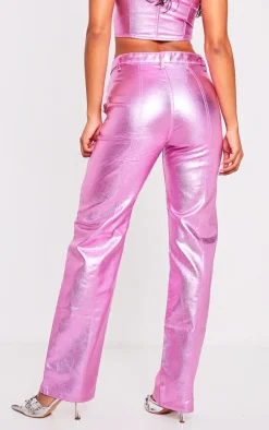 PrettyLittleThing Metallic Denim Stitch Detail Straight Leg Jeans Pink