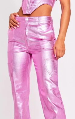 PrettyLittleThing Metallic Denim Stitch Detail Straight Leg Jeans Pink